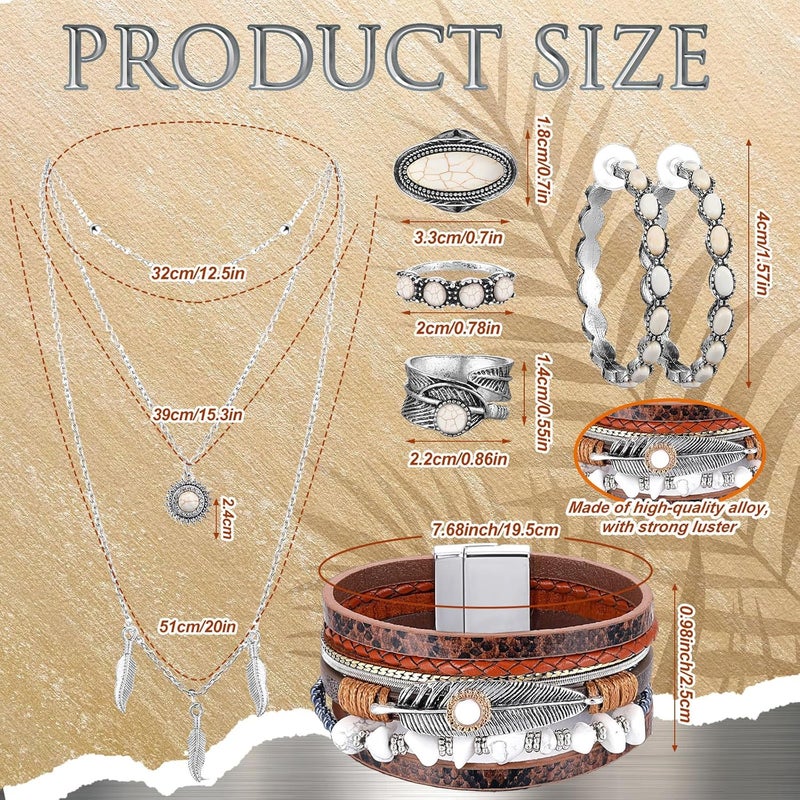 Ecally Store Bohemian Western Jewelry Turquoise Set Women Country Pendant Long Choker Layered Bracelets Earrings Ring for Women - Image 3